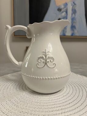 ANTHROPOLOGIE White “Fleur de Lys” Pitcher/Jug/Vase